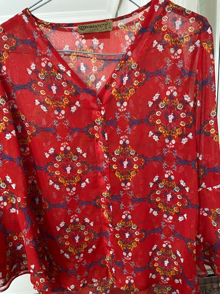 Bohem V Yaka Desenli Uzun Kollu Kadın Bluz - Görsel 4