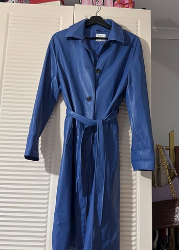 Mavi Deri Kemerli Uzun Trençkot - Görsel 2