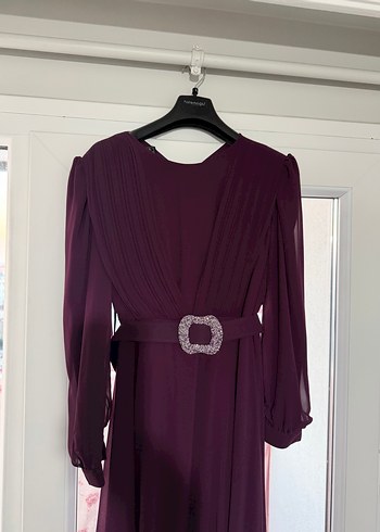 Kemer Detaylı Uzun Mor Kadın Tesettür Abiye Elbise - Görsel 2