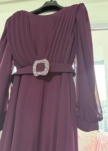 Kemer Detaylı Uzun Mor Kadın Tesettür Abiye Elbise - Görsel 3