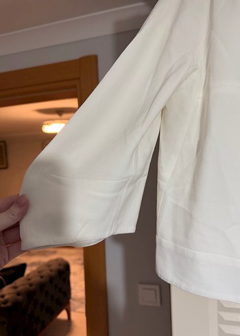 Düğmeli Beyaz Kadın Keten Ceket - Görsel 4