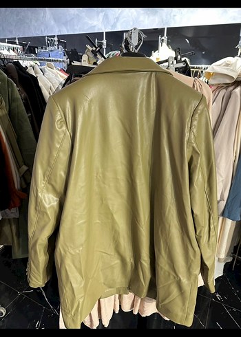 Kadın Haki Deri Ceket, Düğmeli, Midi Boy - Görsel 2