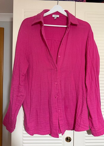 Pembe Kadın Keten Oversize Gömlek - Görsel 5