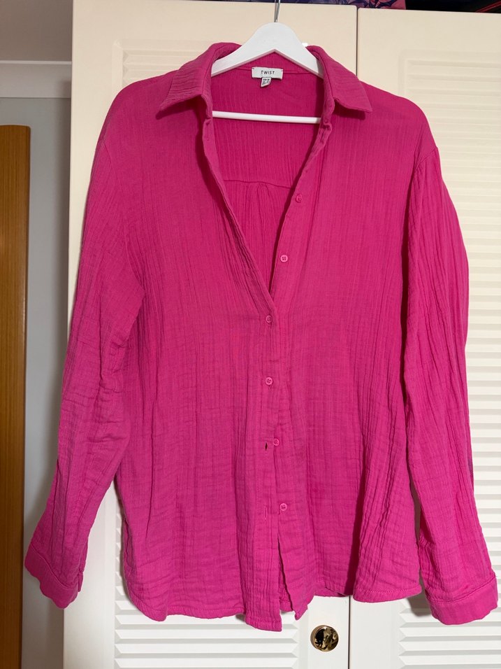 Pembe Kadın Keten Oversize Gömlek - Görsel 5