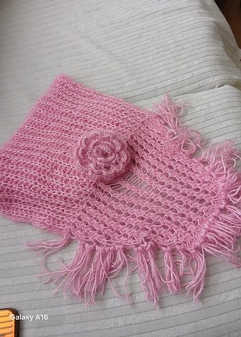 Pembe Örgü Kadın Atkı Çiçek Detaylı - Görsel 2