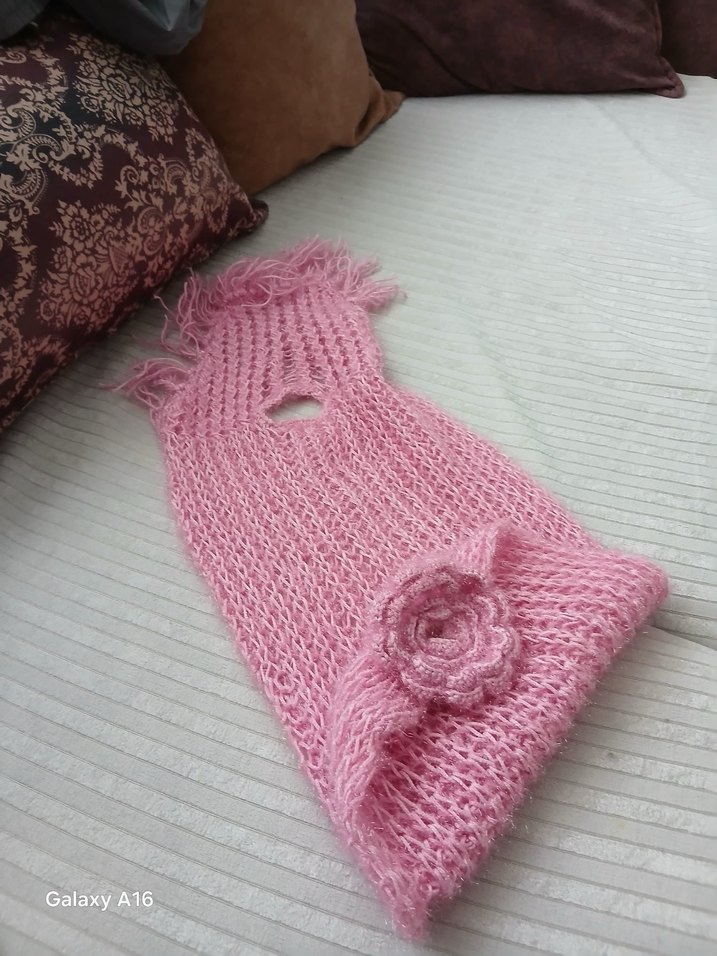 Pembe Örgü Kadın Atkı Çiçek Detaylı - Görsel 5