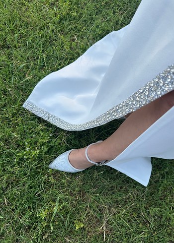 Straplez Beyaz Midi Abiye Elbise - Görsel 3