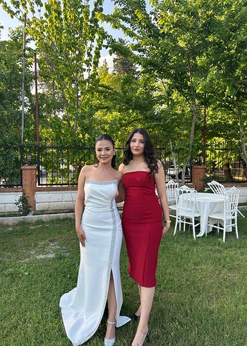 Straplez Beyaz Midi Abiye Elbise - Görsel 5