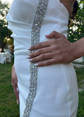 Straplez Beyaz Midi Abiye Elbise - Görsel 2