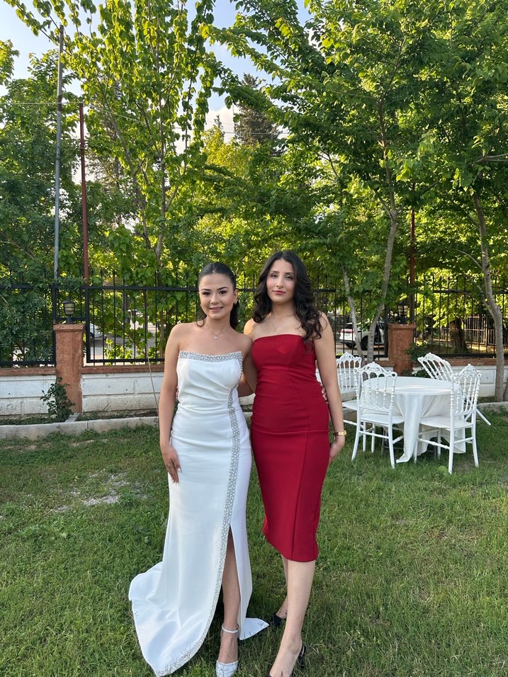 Straplez Beyaz Midi Abiye Elbise - Görsel 5