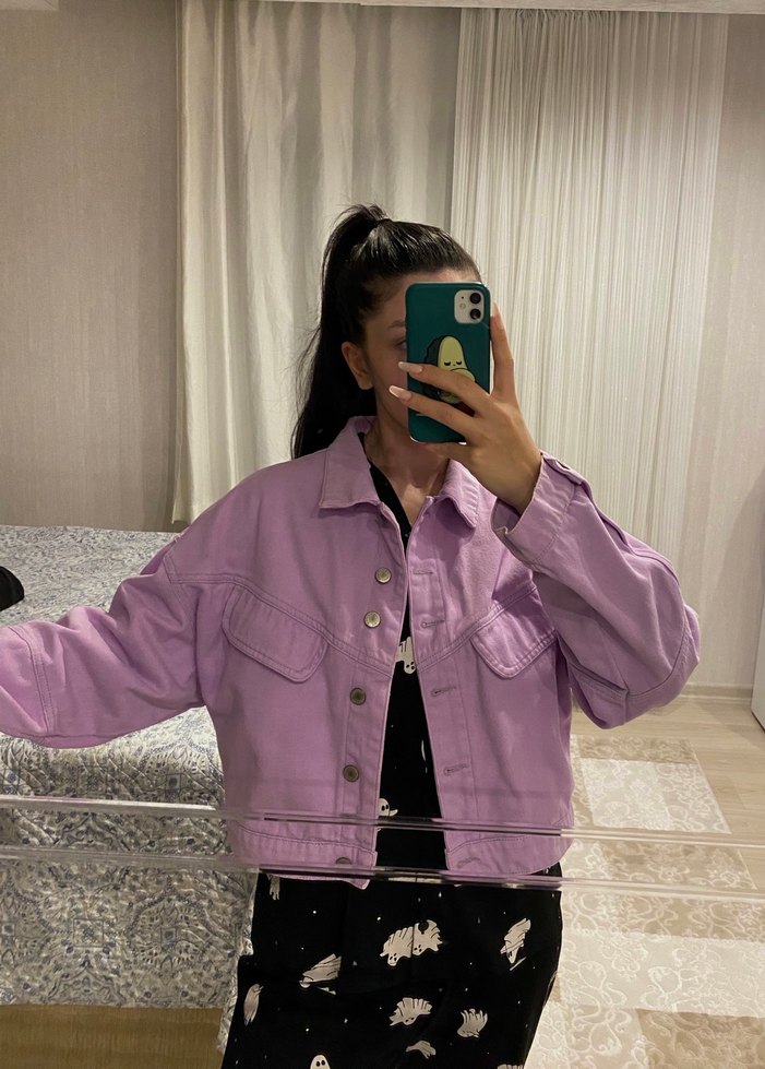 Mor Lila Kadın Denim Oversize Kot Ceket - Görsel 2