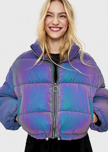 Bershka Reflektörlü Mor Şişme Mont - Görsel 5