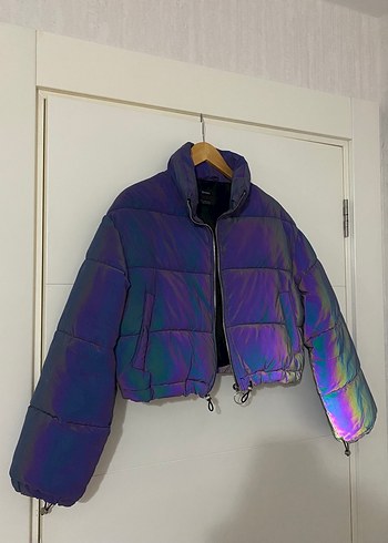 Bershka Reflektörlü Mor Şişme Mont - Görsel 6