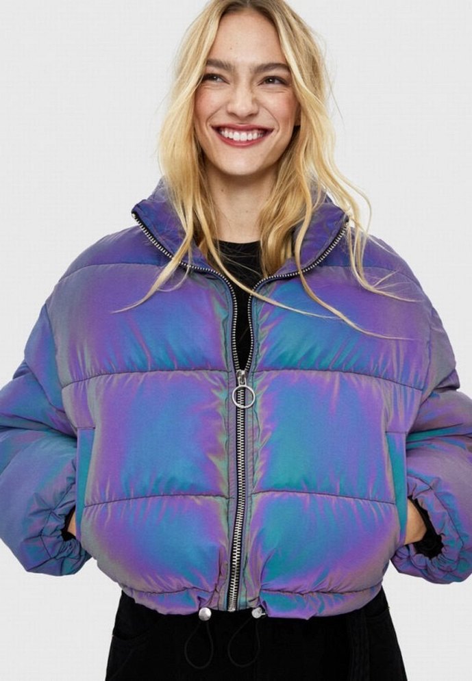 Bershka Reflektörlü Mor Şişme Mont - Görsel 5