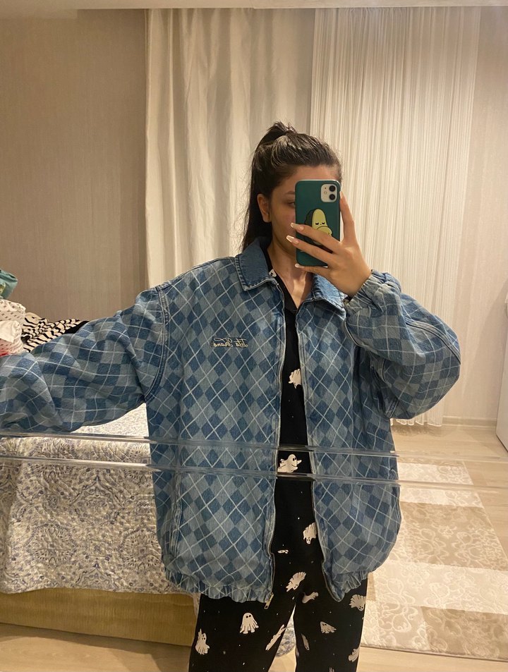 Vintage Ekose Desenli Denim Ceket Kot Ceket Mont - Görsel 4