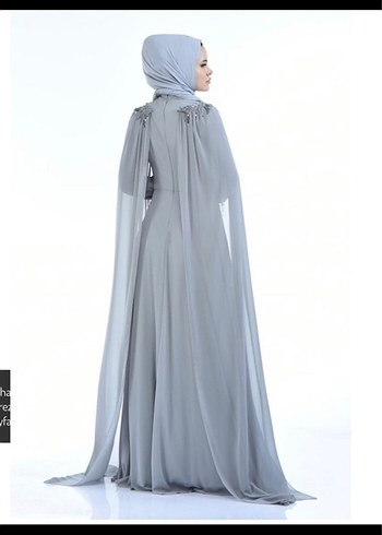 Drapeli Uzun Gri Tesettür Abiye Elbise - Görsel 3