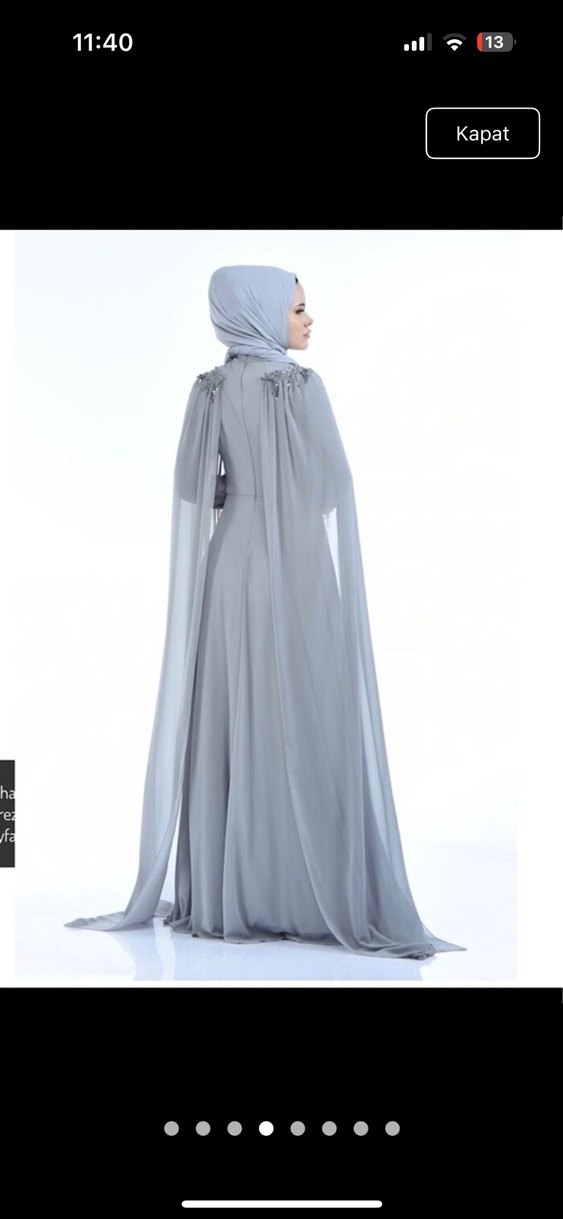 Drapeli Uzun Gri Tesettür Abiye Elbise - Görsel 3