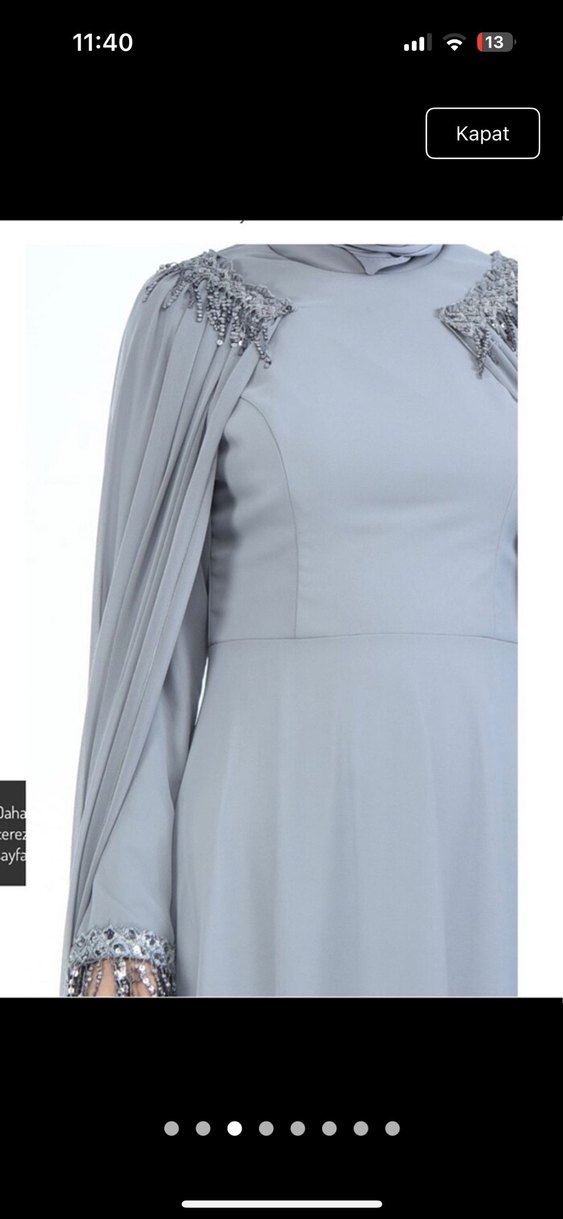 Drapeli Uzun Gri Tesettür Abiye Elbise - Görsel 2