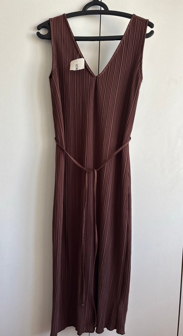 Kahverengi Piliseli Uzun Kadın elbise - Görsel 3