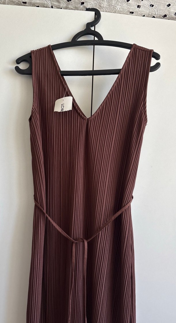 Kahverengi Piliseli Uzun Kadın elbise - Görsel 4