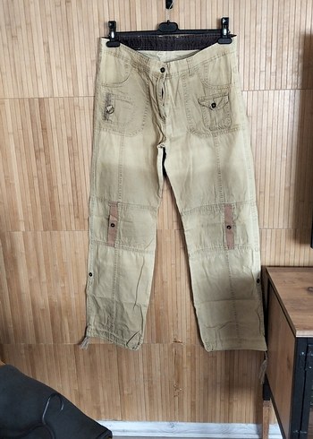 Bej Kemerli Rahat Kesim Keten Pantolon