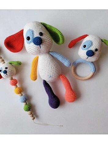 Amigurumi oyuncak köpekcik zincir çıngırak takım