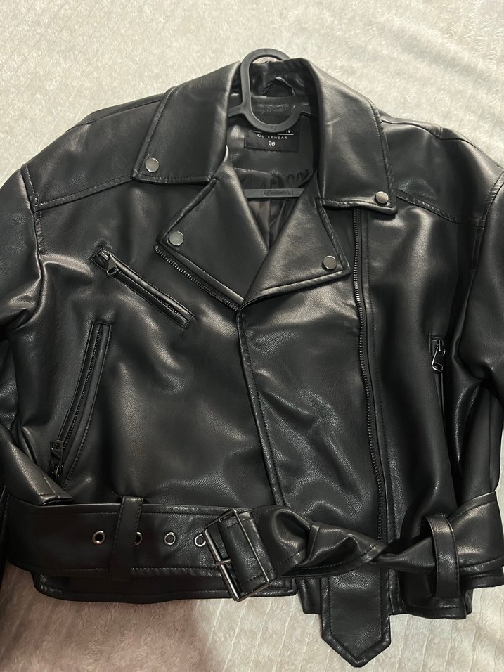 Tokalı Siyah Deri Biker Ceket - Görsel 4