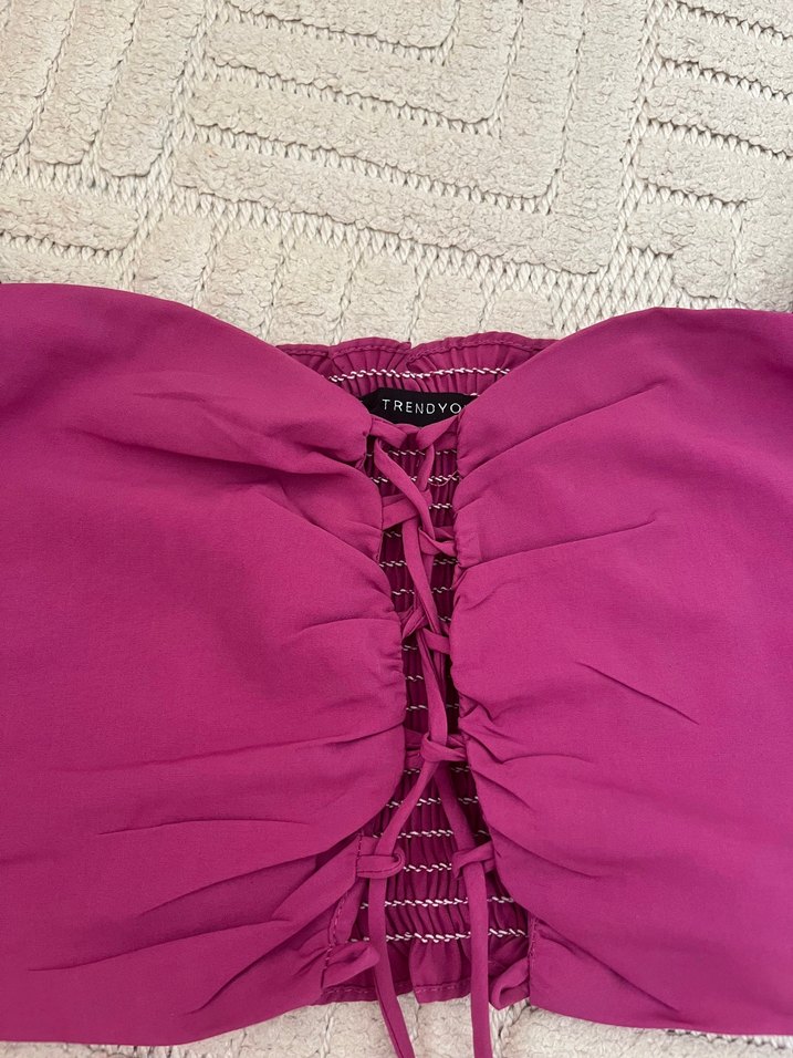 Mor Düğmeli Bohem Crop Bluz - Görsel 2