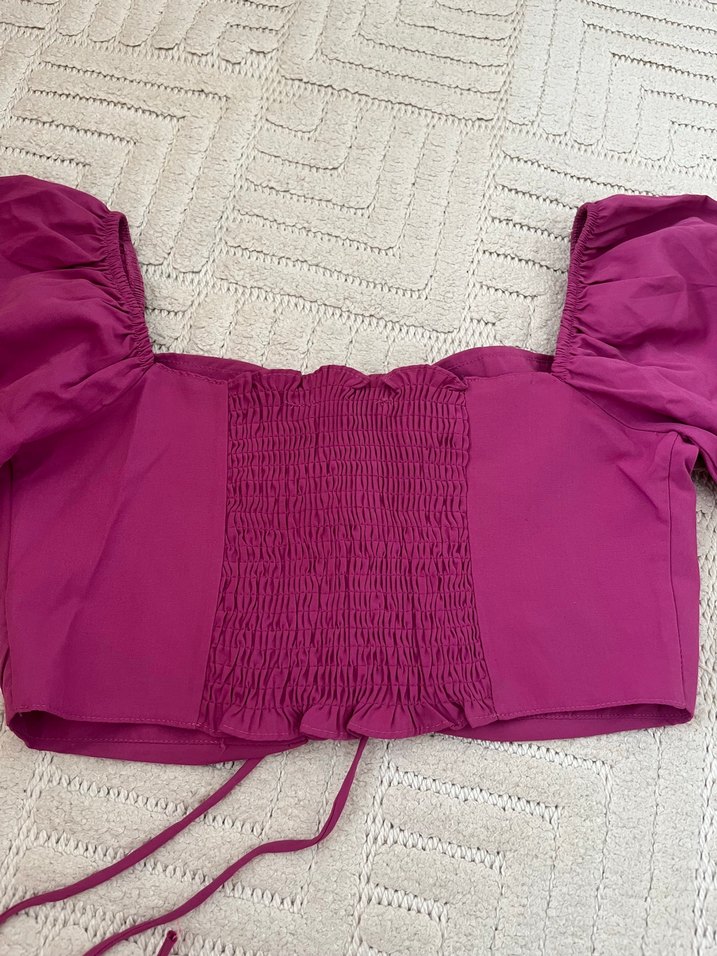 Mor Düğmeli Bohem Crop Bluz - Görsel 3