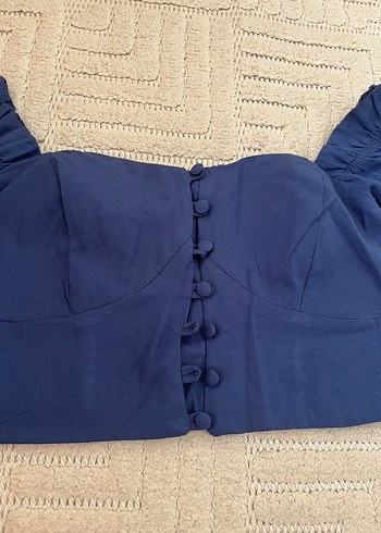 Düğmeli mavi Keten Kadın Bluz - Görsel 2