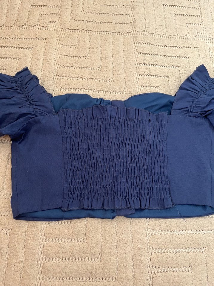 Düğmeli mavi Keten Kadın Bluz - Görsel 3