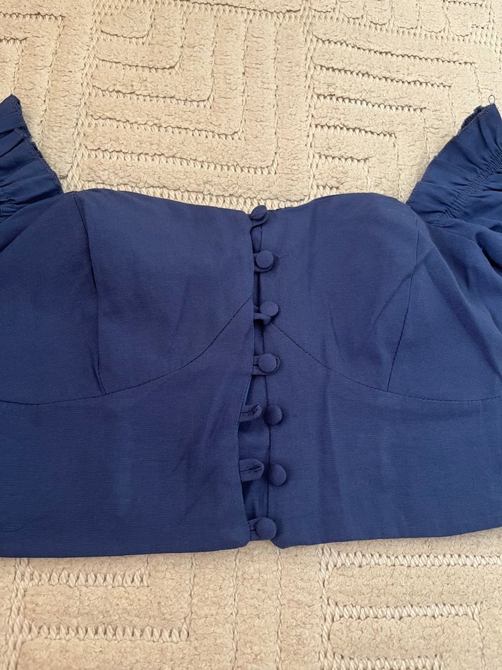 Düğmeli mavi Keten Kadın Bluz - Görsel 2