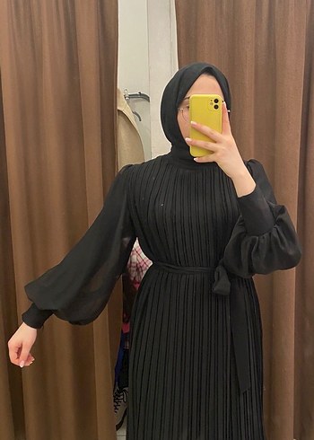 Siyah Piliseli Uzun Kollu Uzun Elbise - Görsel 3