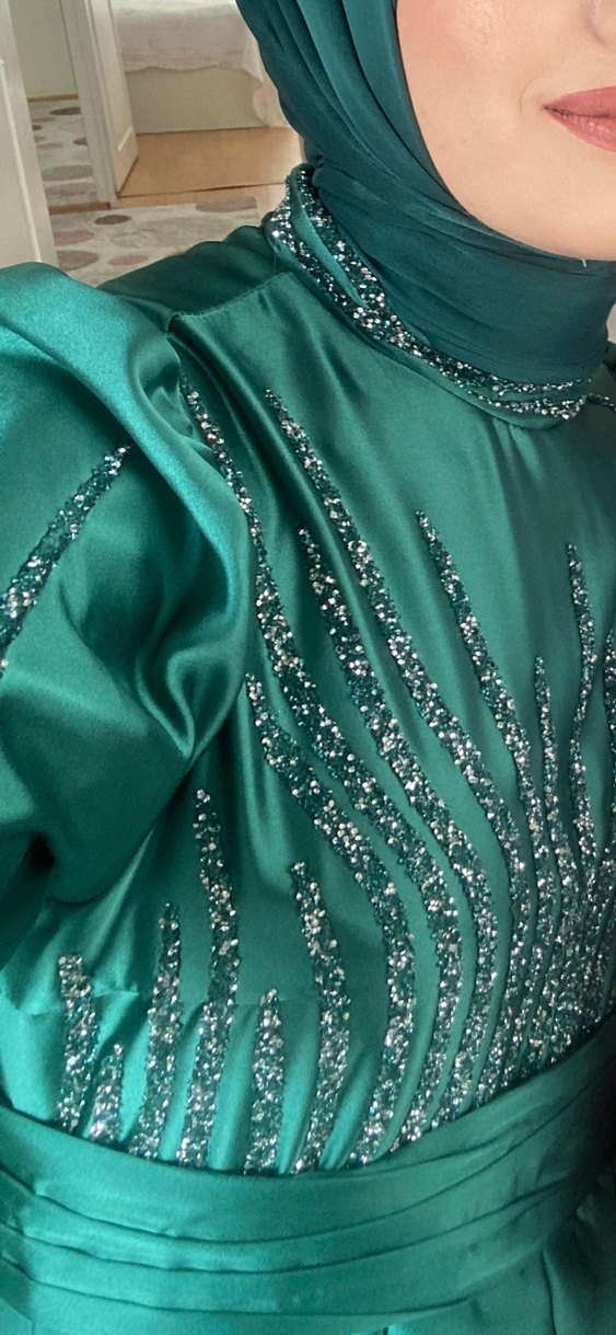 Turkuaz Parlak Uzun Kollu Bohem Elbise - Görsel 5