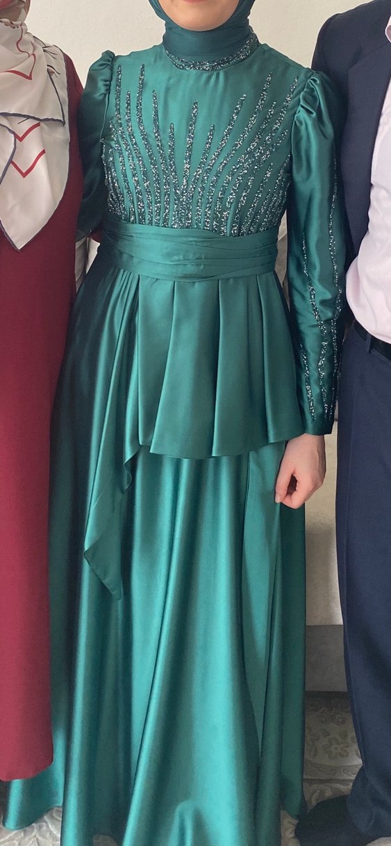 Turkuaz Parlak Uzun Kollu Bohem Elbise - Görsel 3