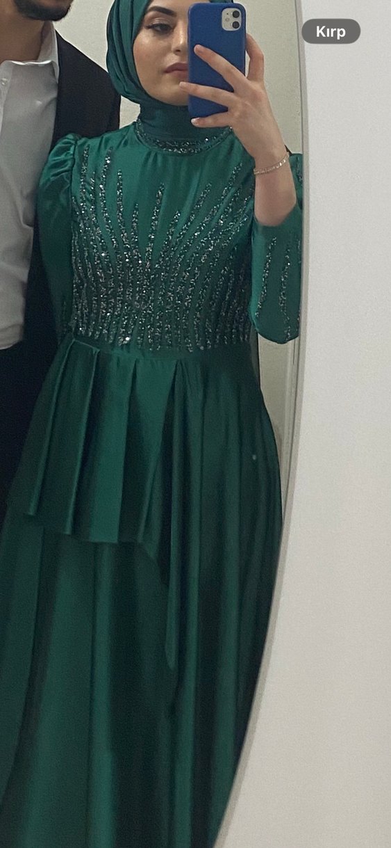 Turkuaz Parlak Uzun Kollu Bohem Elbise - Görsel 4