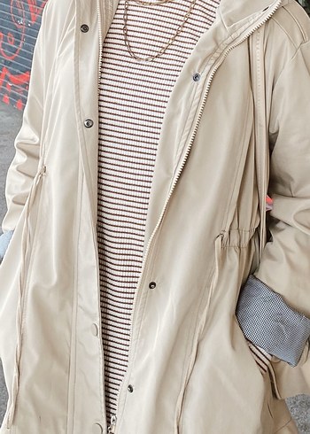 Düğmeli Bej Kadın Ceket, Yüksek Yaka, Uzun Kollu - Görsel 5