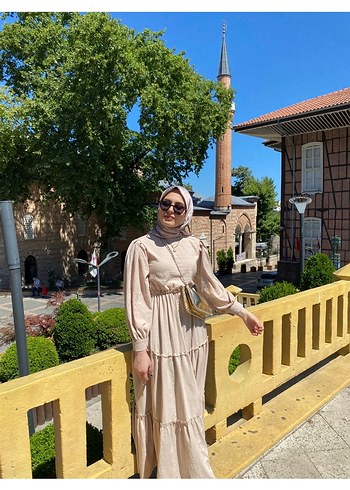 Bej Bol Kesim Uzun Keten Elbise - Görsel 2