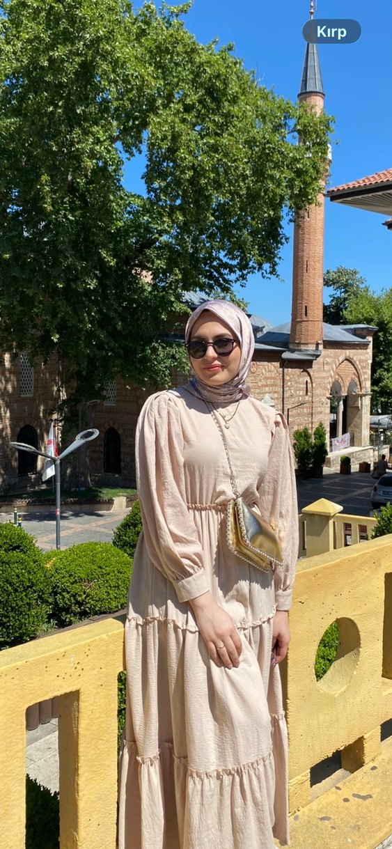 Bej Bol Kesim Uzun Keten Elbise - Görsel 3