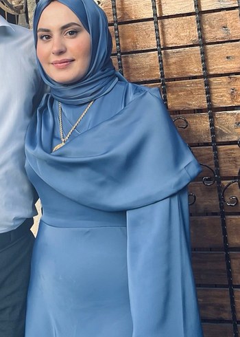 Mavi Parlak Uzun Drapeli Kadın Elbise - Görsel 3