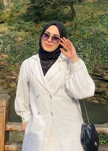 Bej Düğmeli Kadın Keten Trençkot - Görsel 4