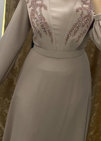 Nakışlı Bej Uzun Kollu Uzun Elbise - Görsel 5