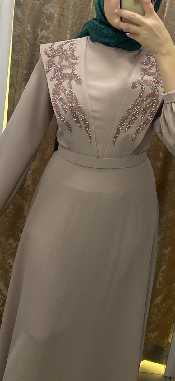 Nakışlı Bej Uzun Kollu Uzun Elbise - Görsel 5