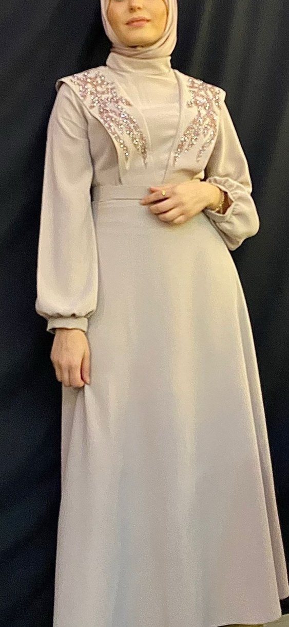 Nakışlı Bej Uzun Kollu Uzun Elbise - Görsel 4