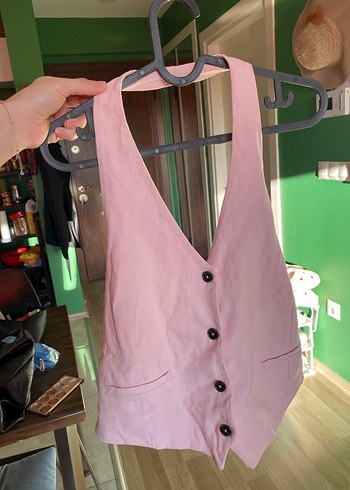 Düğmeli Pembe V Yaka Kadın Yelek