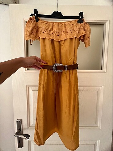 Hardal sarı güpürlü elbise