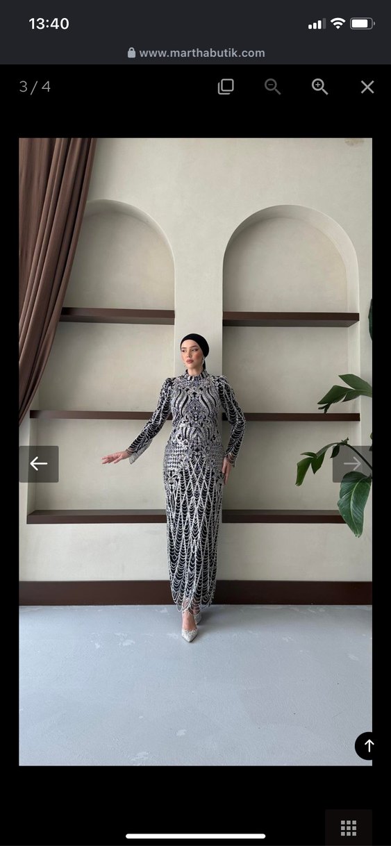 Tesettür Abiye Uzun Kollu Taşlı Desenli Elbise 46 martha butik - Görsel 3