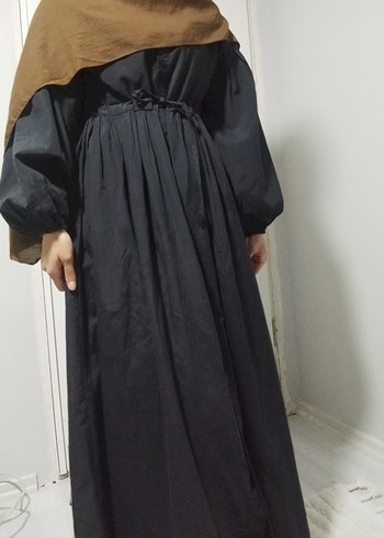 Düğmeli Uzun Siyah Pamuklu Elbise - Görsel 3