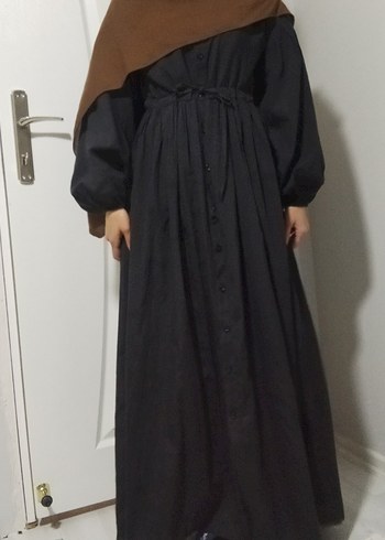 Düğmeli Uzun Siyah Pamuklu Elbise - Görsel 12