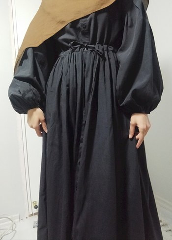 Düğmeli Uzun Siyah Pamuklu Elbise - Görsel 10